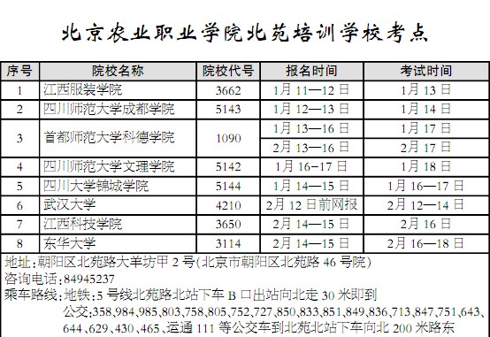 2014年北京市艺术类校考单招时间表(北京农业职业学院北苑培训学校考点)
