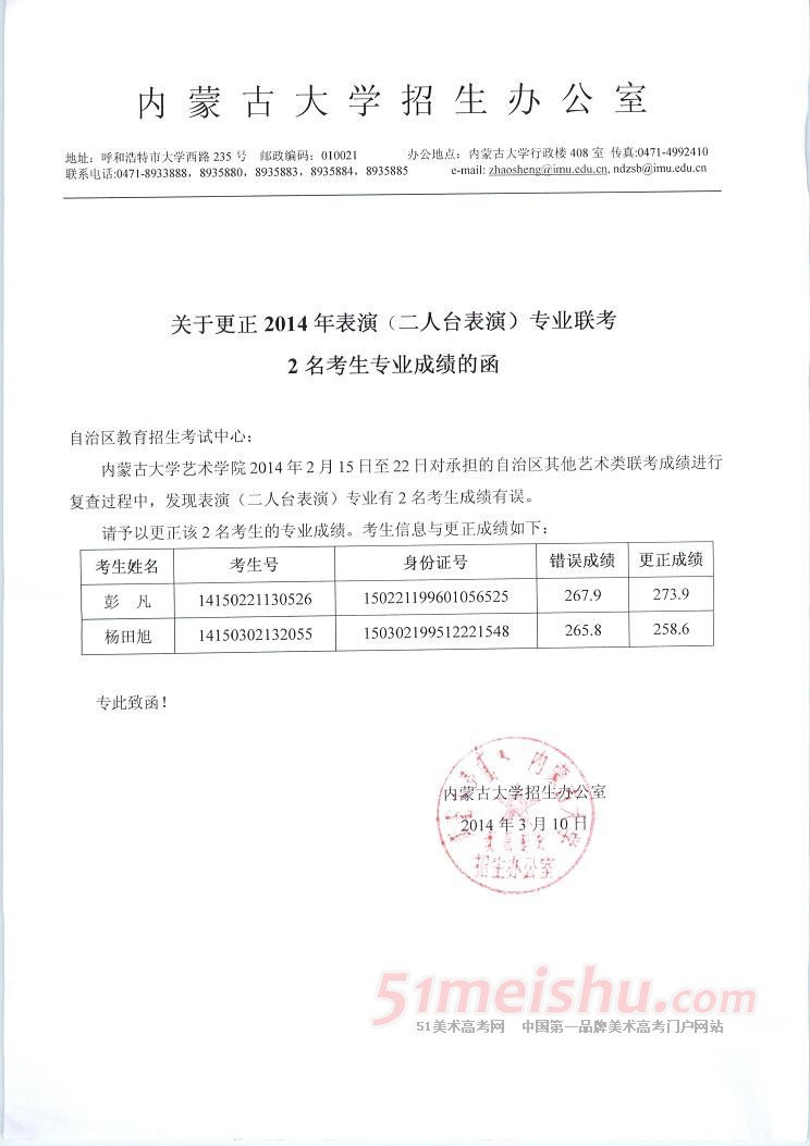 内蒙古大学关于更正2014年表演专业联考考生专业成绩的函