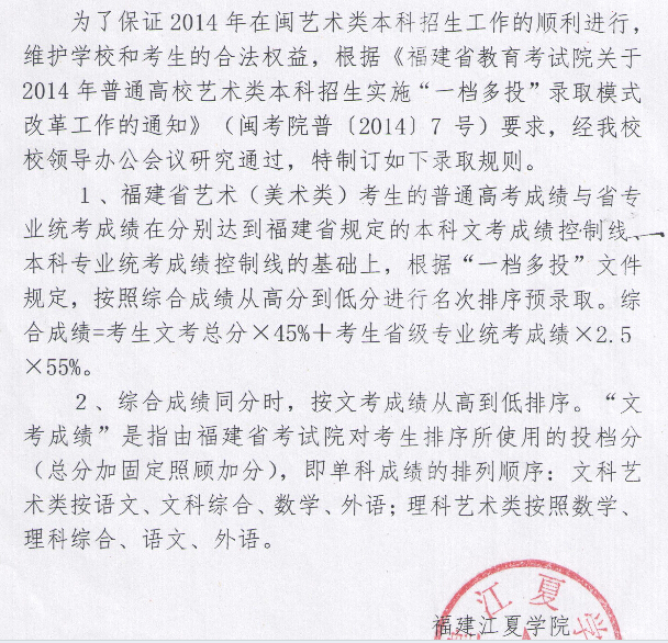 福建江夏学院2014年在福建省艺术类专业录取规则
