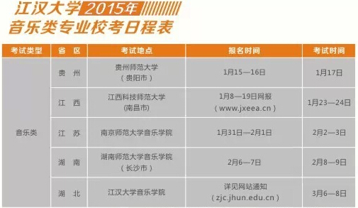 江汉大学2015年艺术类专业校考时间安排