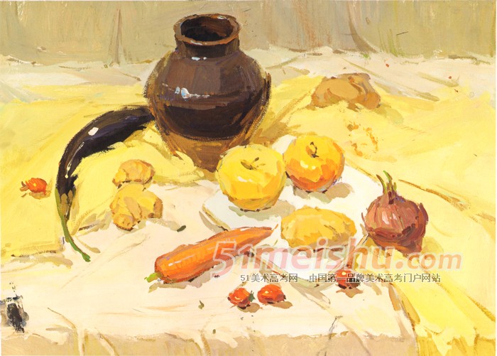 黄色衬布水果蔬菜盘子色彩作品