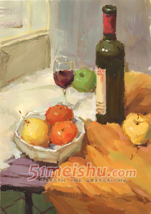 桌面橙衬布酒瓶酒杯水果盘子色彩作品