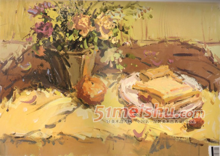 《国美2012年色彩静物高分试卷》褐色衬布深色花盆水果盘子面包色彩写生作品