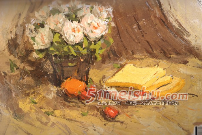 《国美2012年色彩静物高分试卷》褐色衬布花盆花束水果盘子面包色彩作品