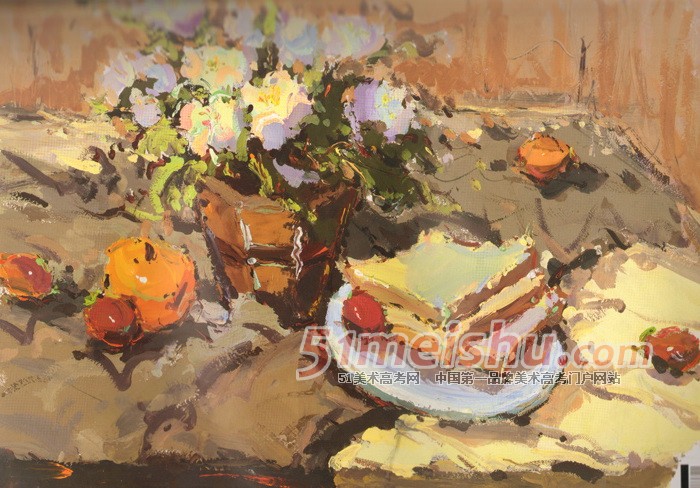 《国美2012年色彩静物高分试卷》褐色衬布花束花盆水果盘子面包色彩作品