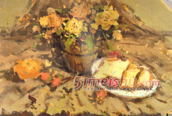 《国美2012年色彩静物高分试卷》黄色衬布花束花盆水果盘子面包色彩作品
